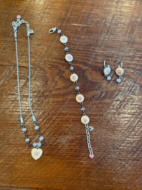 Floral Enamel Heart Necklace, Bracelet & Earring Set - Pink/Yellow Accent